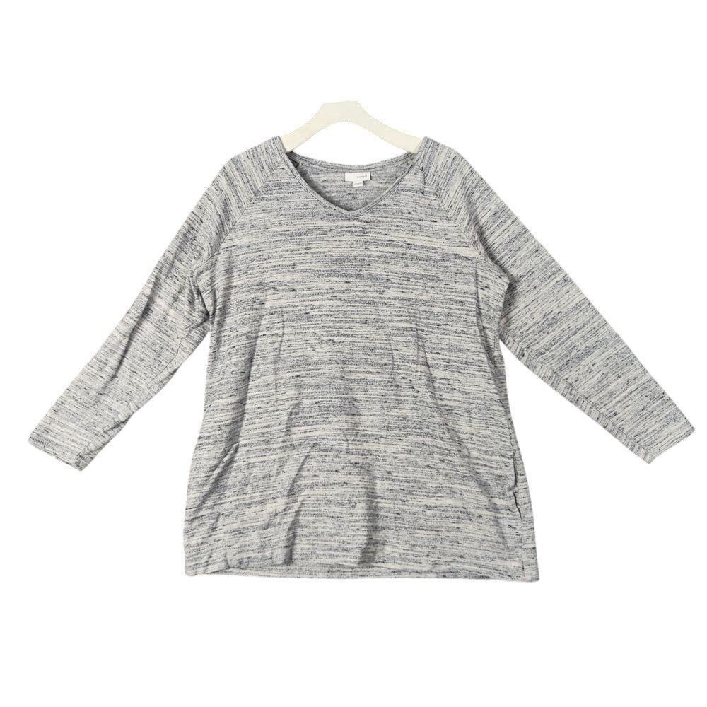 Pure Jill Gray Space Dye Long Sleeve V-Neck Cotton Casual Top Womens XL‎ Pockets